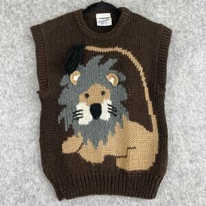 Vintage Midnight Blues Sweater Womens Small Brown Lion Hand Knit 3D Artsy